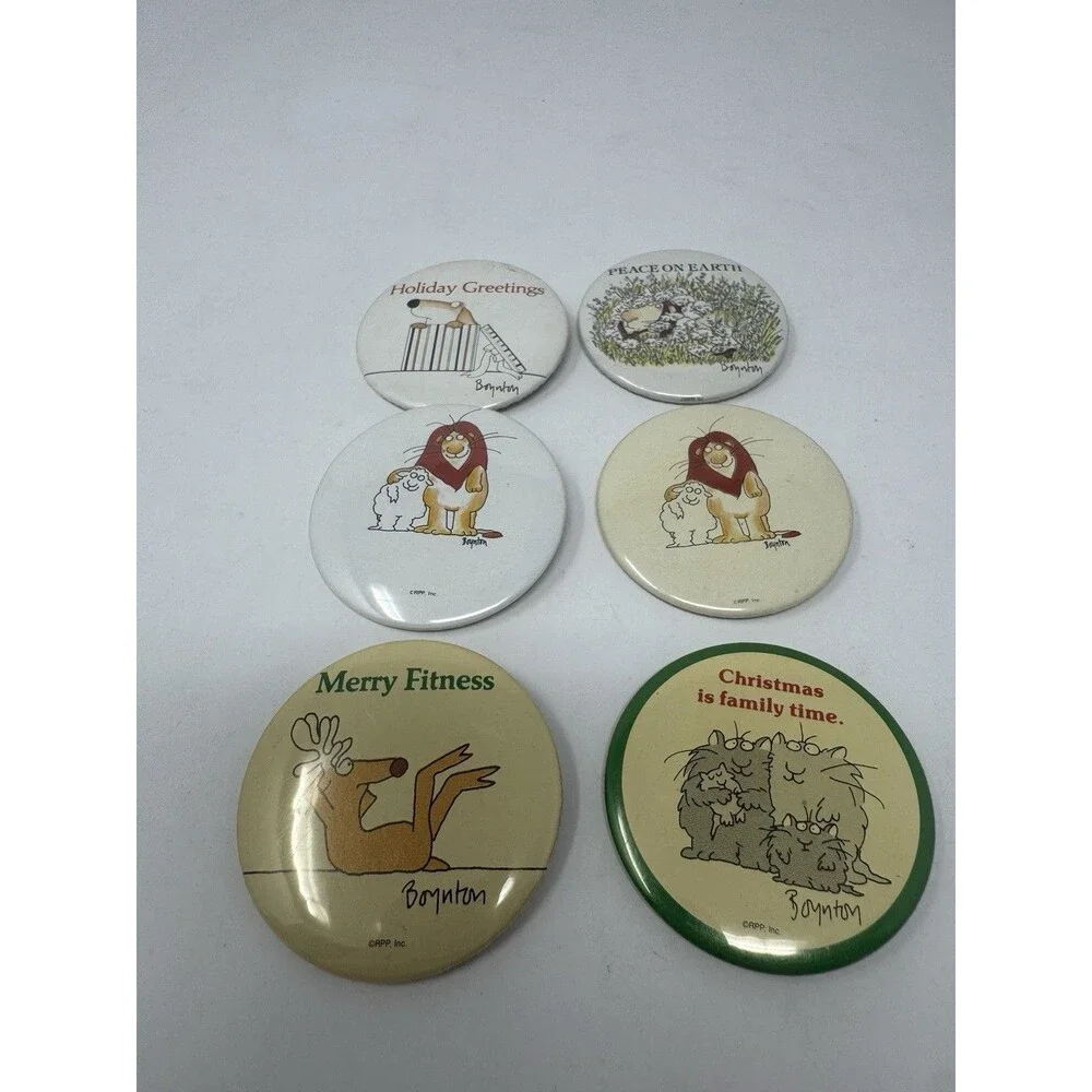 Vintage Boynton Pin Back Buttons Lot of 6 Christmas Merry Fitness Peace On Earth